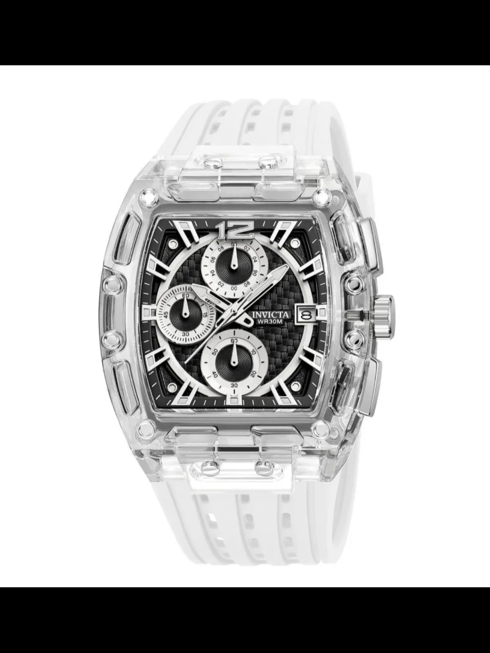 Invicta S1 Rally 42mm Black Dial Clear Quartz Chronograph White Silicone Watch